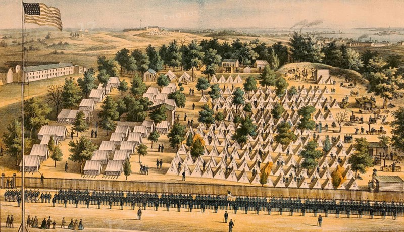 Camp Patterson Park in Baltimore, Maryland, from the time of the American Civil War in 1862, authentic, digitally restored high resolution reproduction from a 19th-century original, exact date of depiction unknown, American history, historical
