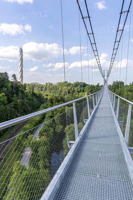 Neckarline suspension bridge over the Neckar and TK elevator test tower in Rottweil, Germany