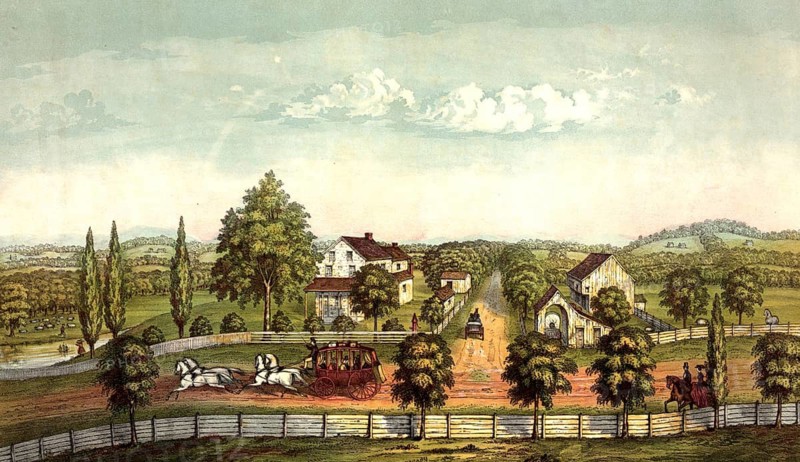 Robert Fulton's birthplace in Lancaster County, Pennsylvania. The lithograph was created by John H. Sherwin and shows a two-story stone house in a rural area. Robert Fulton was an American engineer and inventor known for developing the first commercially successful steamship, authentic, digitally restored reproduction from a 19th-century original, exact date of depiction unknown, historical