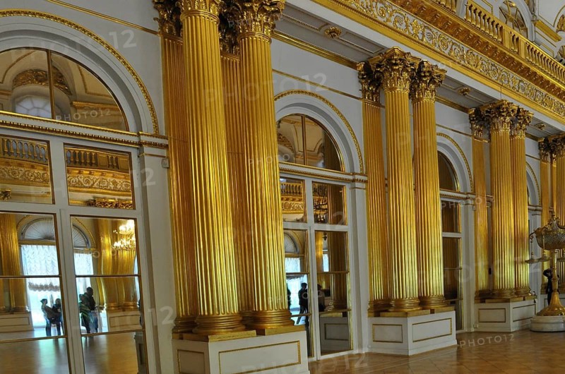 Magnificent interior of a palace with golden pillars and mirrors, Winter Palace, Hermitage, Saint Petersburg, St. Petersburg, Russia