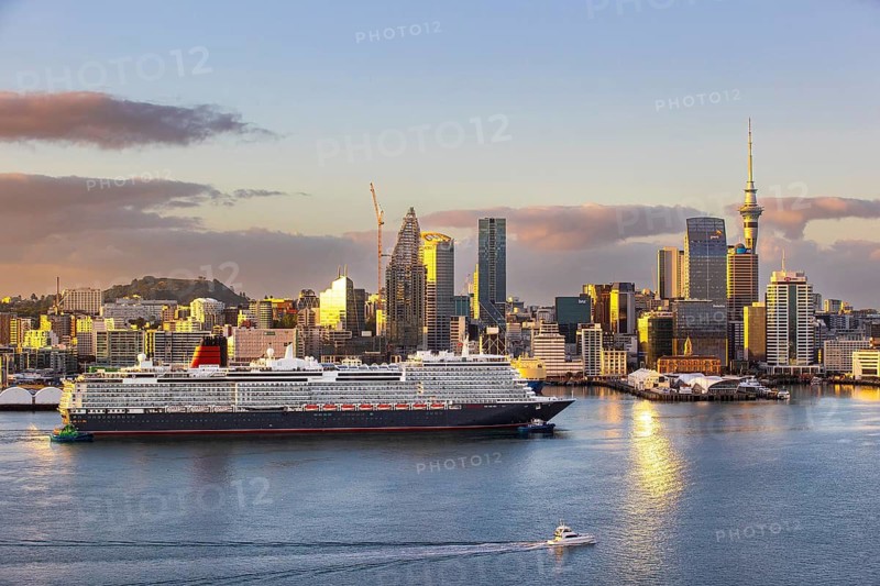 Cunard's ocean liner Queen Anne enters the harbour as part of her maiden World Voyage, Auckland, New Zealand
