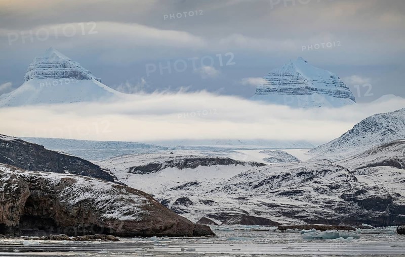 Two of the three mountains: Tee Kroner (Three Crowns), Kronebreen or Kronengletscher Glacier, Kongsfjord or Kongsfjorden, the Svalbard archipelago, Svalbard, Norway