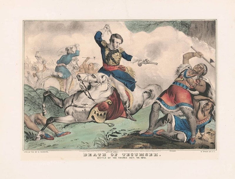 Death of Shawnee Chief Tecumseh at the Battle of the Thames River on October 5, 1813 during the British-American War. At the center is the American Colonel Richard M. Johnson, who rides a white horse and confronts the fallen Native leader, Tecumseh, in a scuffle, American history, authentic, digitally restored reproduction in high resolution from a 19th century original, exact date of presentation unknown, historical