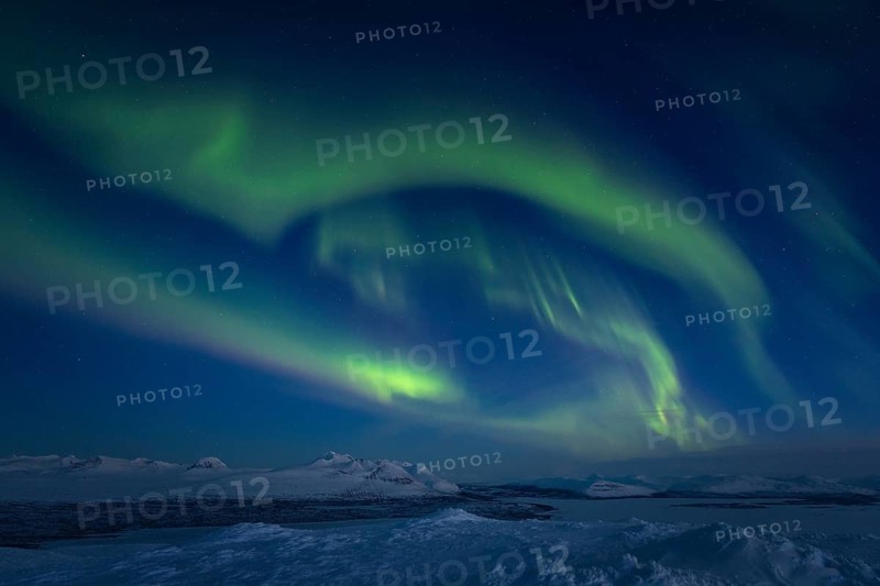 Northern Lights (Aurora borealis) over Lake Akkajaure and the Akkamassif, Stora Sjöfallet National Park, Laponia World Heritage Site, Norrbotten, Lapland, Sweden, April 2021