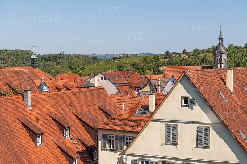 View from above over the roofs of the historic old town of Marbach am Neckar, church tower of the town church, roofs, roof landscape, historic old town, half-timbered houses, historic buildings, cityscape, old town alleys, Neckar region, Baden-Württemberg, view from above, bird's-eye view, city view, historic architecture, red tile roofs, rows of houses, city center, picturesque old town, medieval cityscape, historic city backdrop, urban roof landscape, Baden-Württemberg, Germany