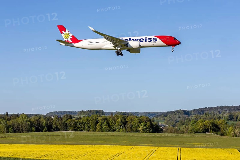 An Edelweiss Airbus A350-900 aircraft with the HB-IHC license plate at Zurich Airport, Switzerland