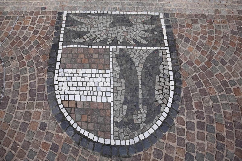 City coat of arms as monochrome floor mosaic, paving stones, grey, white, town hall, Kenzingen, Breisgau, Baden-Württemberg, Germany