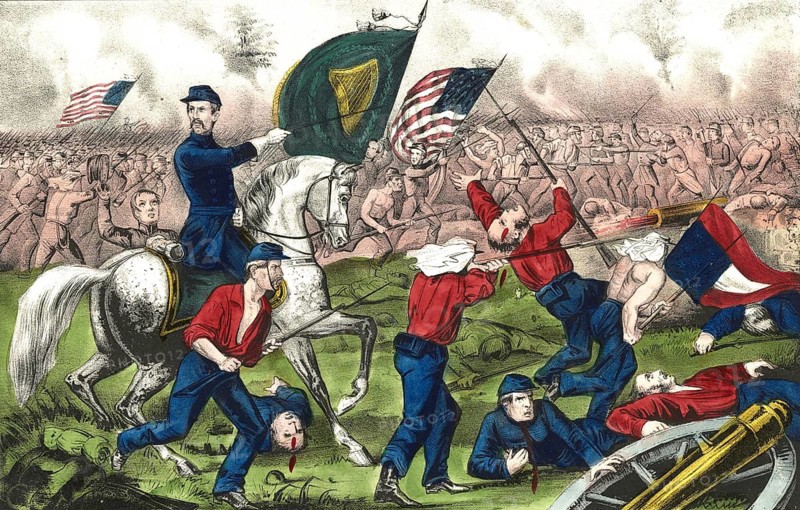 Colonel Michael Corcoran at the head of the 69th New York Militia Regiment known as the Gallant Sixty-Ninth during the First Battle of Bull Run on July 21, 1861. Colonel Corcoran is seen sitting on a white horse as soldiers in distinctive red shirts carry the Irish flag and US flags through the battle, authentic, digitally restored high-resolution reproduction of a 19th-century original, exact date of presentation unknown, American history, historical