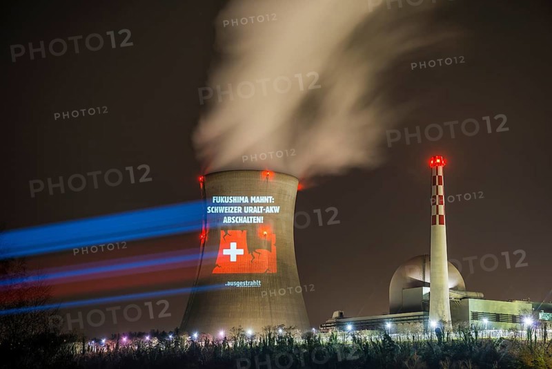 Protest action broadcast by the anti-nuclear organization, projection, night view, 05-03-2026, Waldshut, Leibstadt nuclear power plant, Rhine, Upper Rhine, Canton of Aargau, Switzerland
