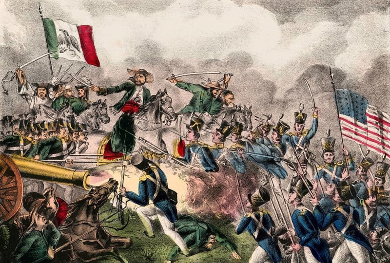 This lithograph depicts a scene from the Battle of Cerro Gordo on 18 April 1847 during the Mexican–American War. In the image, American troops (on the right, carrying the US flag) are engaged in close combat with Mexican units (on the left, carrying the Mexican flag and a cannon) . The Battle of Cerro Gordo, in which US forces under General Winfield Scott broke through the Mexican defences, American history, authentic, digitally restored reproduction of a 19th-century original, exact date of the depiction unknown, historical