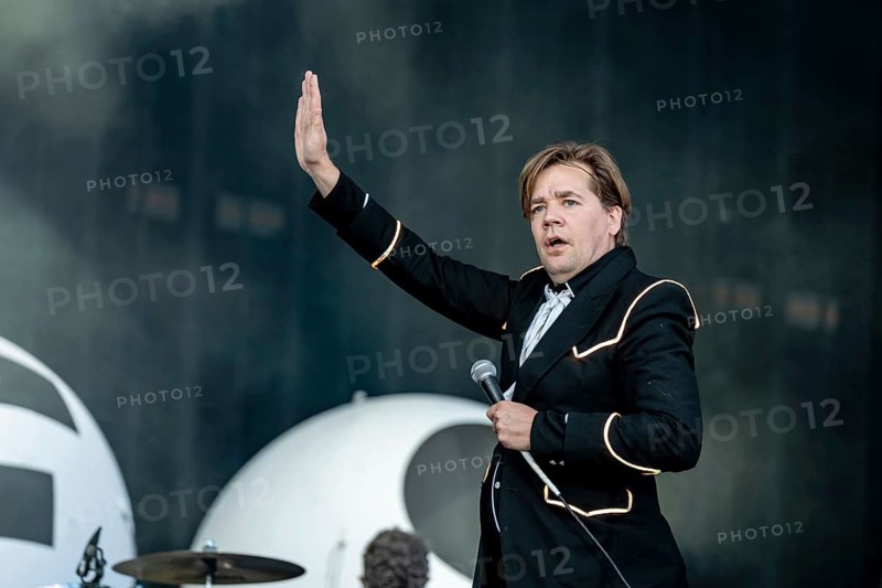 Singer Pelle Almqvist from the Swedish rock band The Hives live on the Utopia Stage during the Rock im Park Festival on the Zeppelin Field in Nuremberg, Germany on 07.06.2026