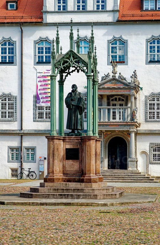 Market square with town hall, Luther monument by Johann Gottfried Schadow, Luther city Wittenberg, Saxony-Anhalt, Germany