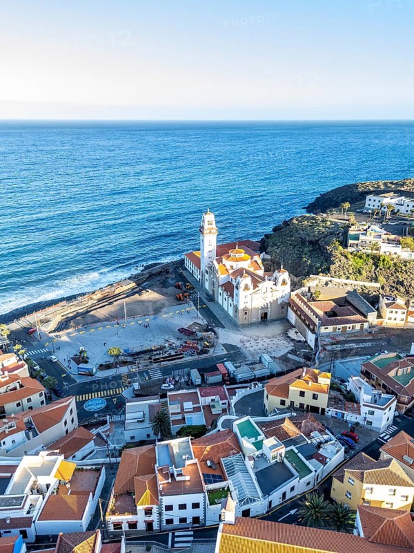 Candelaria on Tenerife island aerial view from above with church seaside vacation trip in Candelaria, Spain