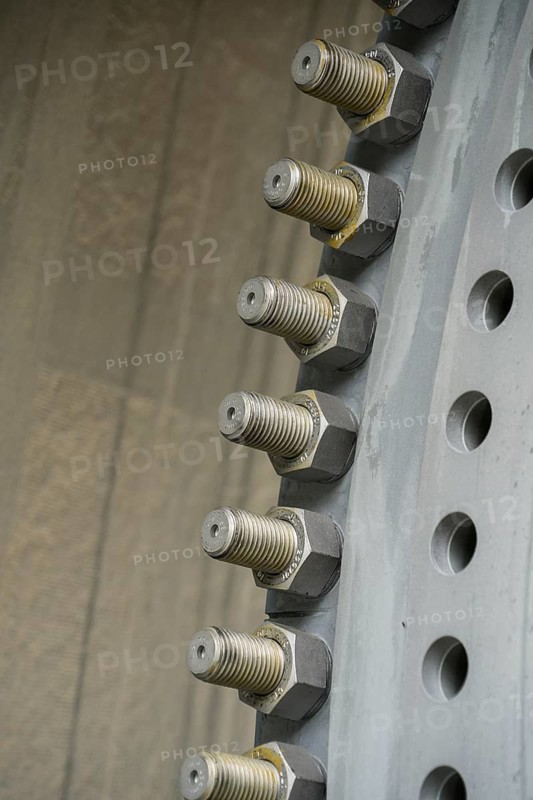 Screws and nuts arranged in a circle on the rotor hub of a wind turbine, bolt pitch circle, construction site of the wind farm Reinhardswald, Wesertal, Upper Weser Valley, Weser Uplands, Weserbergland, Hesse, Germany