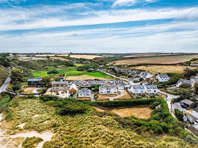 View of Porthcothan and Porthcothan Beach from a drone, Porthcothan, Padstow, Cornwall, England, United Kingdom, Summer 2026