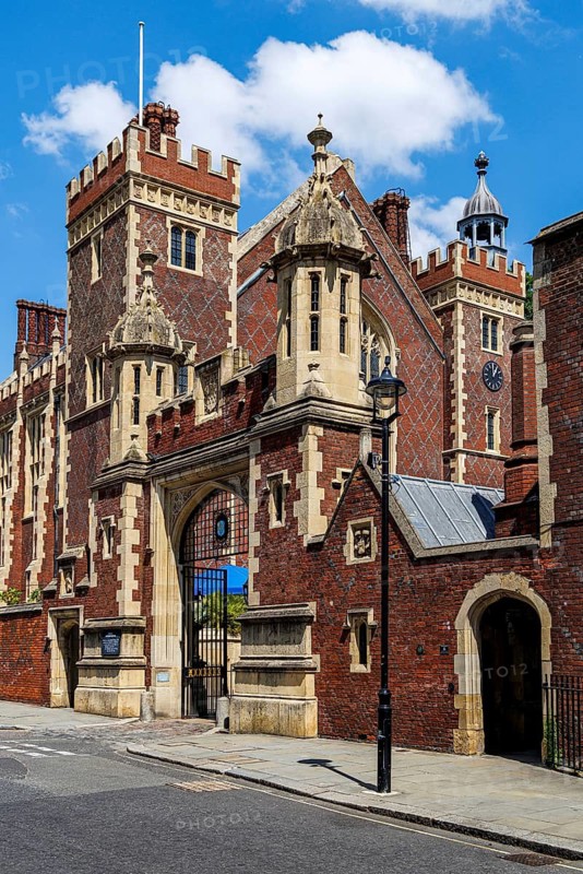 The Gothic Tudor Revival gatehouse of Lincoln's Inn's Great Hall was designed by Philip Hardwick and built between 1843 and 1845, replacing a medieval hall that had become too small. Queen Victoria officially opened the hall in October 1845. London, England, United Kingdom