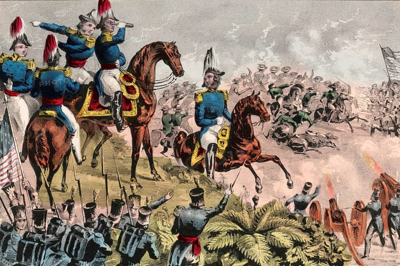 General Zachary Taylor during the Battle of Buena Vista on February 23, 1847 in the Mexican-American War, American history, authentic, digitally restored reproduction in high resolution from a 19th century original, exact date of depiction unknown, historical