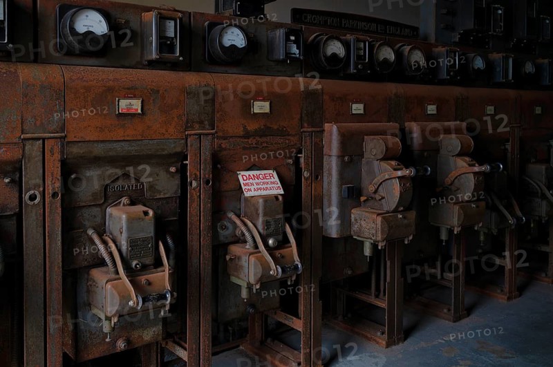 Interior view, sign, warning sign, hazard, compressor house, compressor house, museum, Geevor Tin Mine, tin mine, mining, Pendeen, Trewellard near St Just in Penwith, Cornwall, England, Great Britain, Great Britain