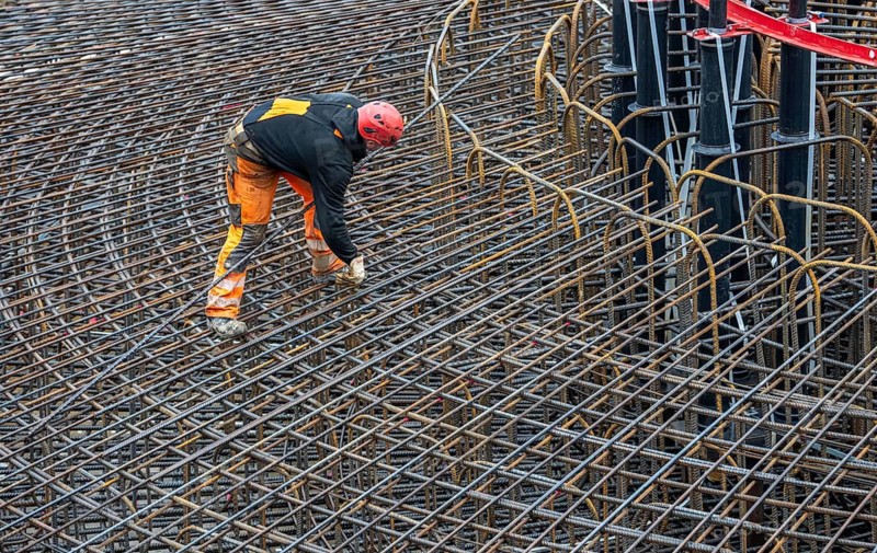 Assembly of reinforcing steel for the reinforced concrete foundation of a wind turbine, a mesh of rebar and rebar mesh, over 100 tons of reinforcing steel were used, the wind turbine will have a hub height of 160 meters, part of a new wind farm in Sauerland, near Balve, North Rhine-Westphalia, Germany