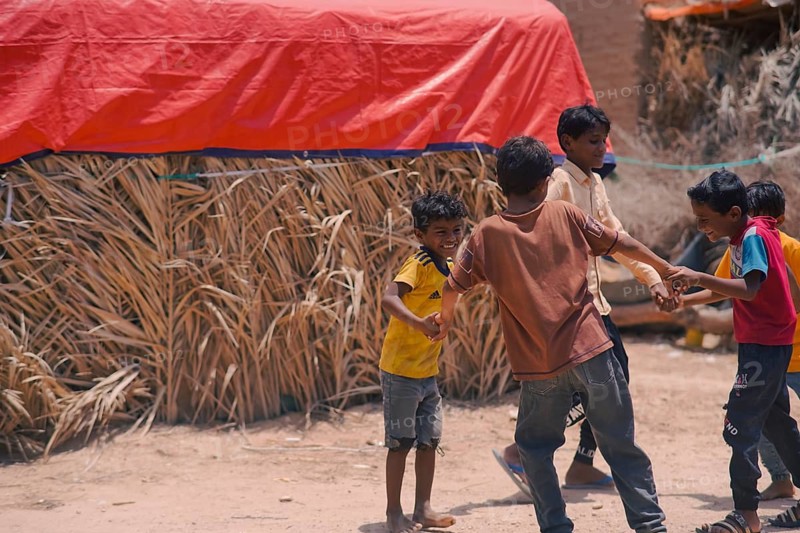 Yemeni children living in a refugee camp under difficult humanitarian conditions. Yemen, April 12, 2024, Seiyun, Yemen
