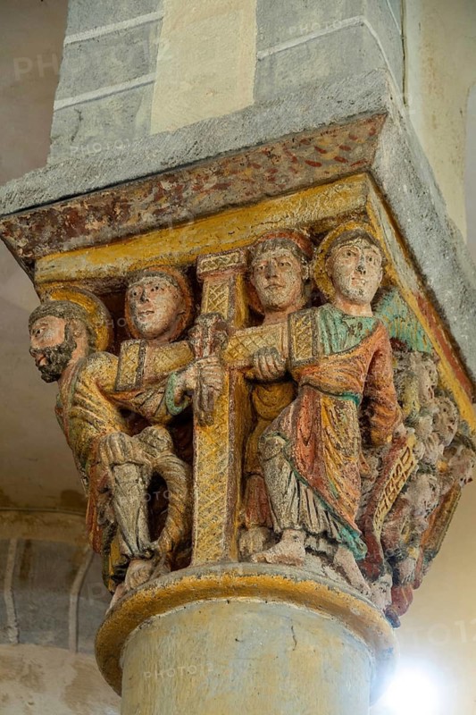 Capital of romanesque church of Saint Nectaire, The Redeemer's Cross, Puy de Dome, Auvergne Rhone Alpes, France