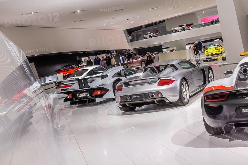 Porsche Museum Stuttgart-Zuffenhausen. The automotive museum of Dr. Ing. h.c. F. Porsche AG shows racing cars and iconic cars from automotive history. interior view. Stuttgart, Baden-Württemberg, Germany