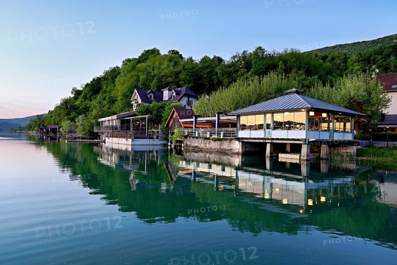 Hotel and restaurant Villa du Lac on Lac d'Aiguebelette, large natural lake, at the foot of the Épine Mountains, Aiguebelette-le-Lac, Savoie Department, France