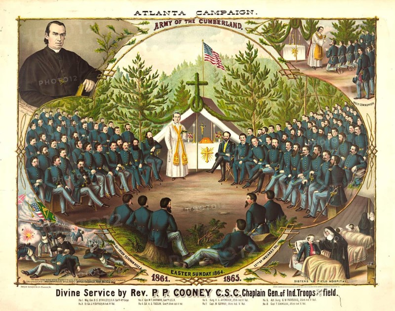 A lithograph from 1865 depicts a Catholic field service on Easter Sunday (27 March 1864) during the Atlanta Campaign of the American Civil War. The celebrant is Father Peter Paul Cooney (C.S.C.), who served as chaplain-general to the troops from Indiana in the Union Army's Army of the Cumberland, American history, authentic, digitally restored reproduction of a 19th-century original, exact date of the scene unknown, historical