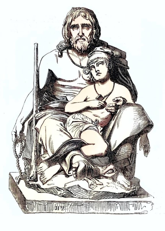 Marble sculpture depicting a Calabrian farmer and his sick son. You can see a strong, bearded man from Calabria wearing traditional simple clothing. He holds a walking stick and a rosary in his hands. His sick son lies exhausted on his lap, whom he holds protectively in his arms, around 1860, Italy, illustration, reproduction from a model from the 19th century. Authentic, file restored for optimal use, exact date of original unknown, historical, colored