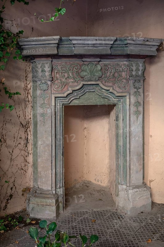 Decorative fireplace from the Renaissance period, in a historic courtyard in the old town, Nuremberg, Middle Franconia, Bavaria, Germany