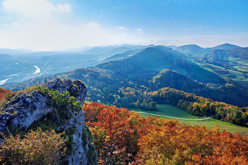 View of an autumnal forest from the Gisliflue, behind the Jura foothills with Wasserfluh and Strihen, Talheim, Canton, Aargau, Switzerland