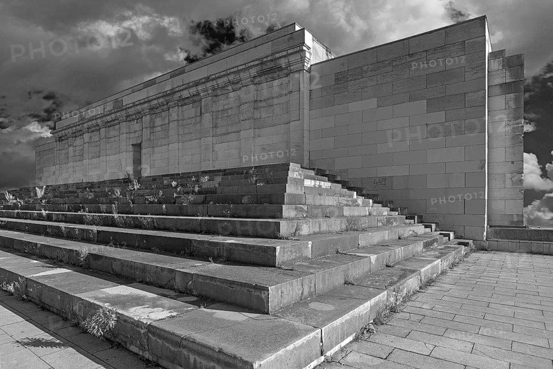 Main stand of the Zeppelin field from 1940 on the former Reichsparteitag grounds, black and white, Nuremberg, Middle Franconia, Bavaria, Germany