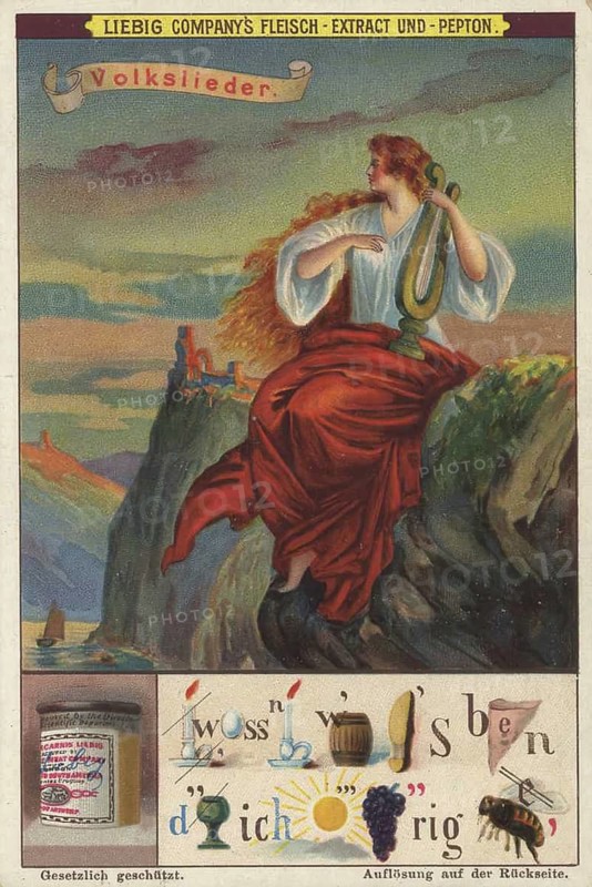 Picture series search game puzzle, rebus, folk songs, depicting Loreley, a legendary figure sitting on a rock on the Rhine and combing her hair, favorite picture, digitally restored reproduction of a collector's painting from around 1900, exact date unknown
