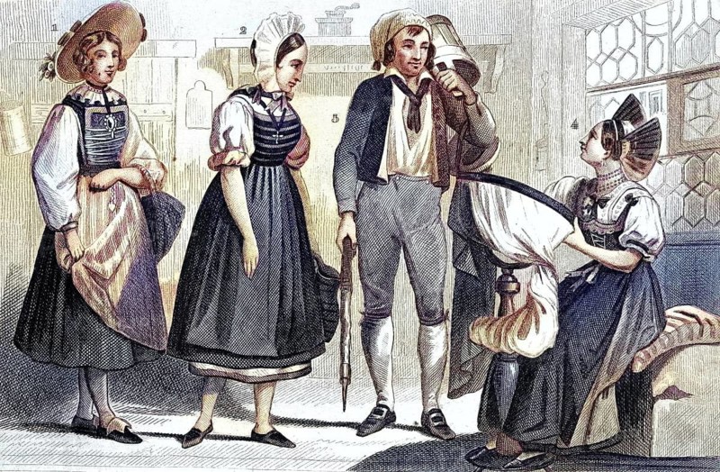 Traditional clothing styles and culture from the 19th century. Traditional dress from the canton of Zug (1), Solothurn (2), Appenzell (3, 4), Switzerland, illustration, reproduction of a 19th-century original. Authentic, file restored for optimal use, exact date of the original unknown, historical, nostalgically coloured