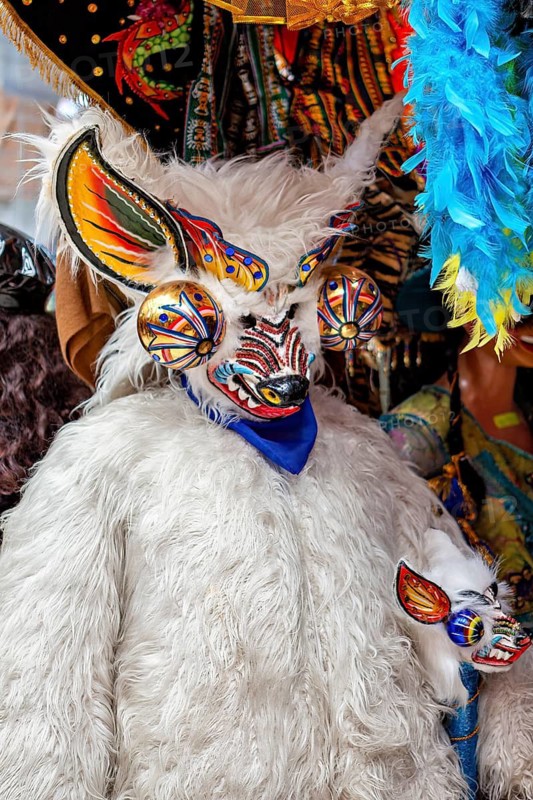 Person in an ornate, traditional costume with colorful mask and fur, mythical creatures in the Calama market hall in Chile