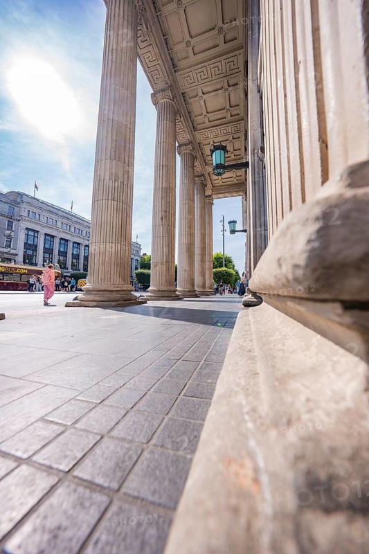 Architectural detail of pillars of a historic structure in sunshine, Dublin, Ireland