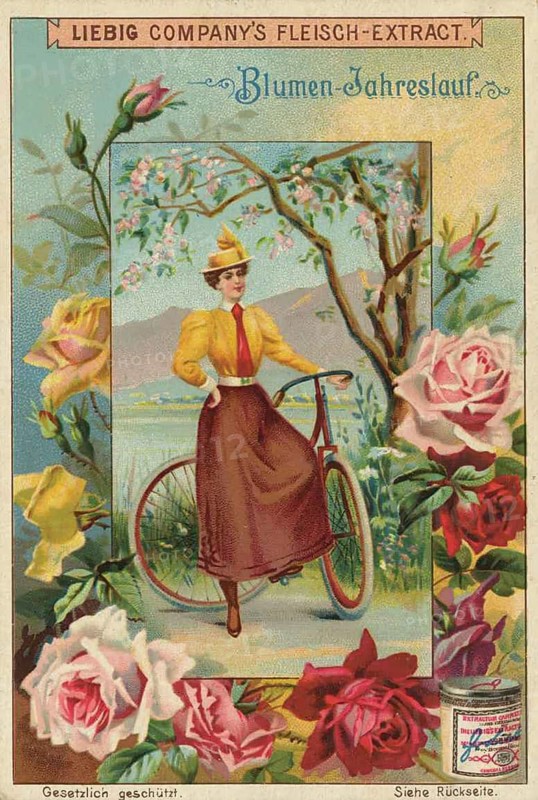Picture series Blumen-Jahreslauf, woman with a bicycle, which points to the social significance of cycling for woman's emancipation during this period, favorite picture, digitally restored reproduction of a collector's painting from around 1900, exact date unknown