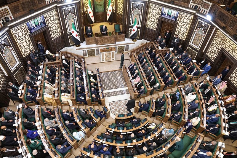 Damascus, Syria - July 12, 2026: Members of Syria's newly formed People's Assembly attend the body's inaugural session in Damascus representing the first parliament convention since the end of the rule of ousted Syrian President Bashar al-Assad, Damascus, Syria