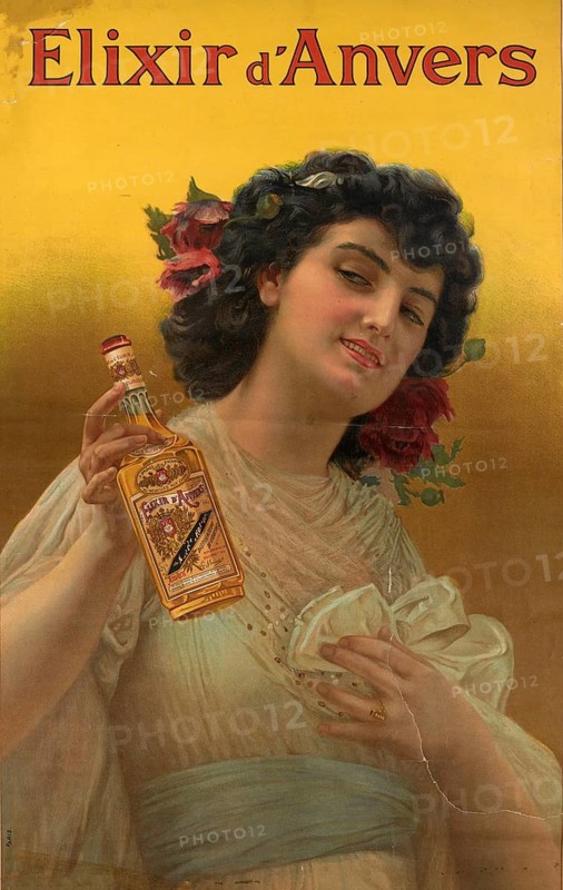 Advertising poster, beverage advertisement, advertising poster for Elixir d'Anvers, a Belgian herbal liqueur whose origins date back to 1863. Elegantly dressed woman with flowers in her hair presenting the characteristic bottle, authentic reproduction of a historical advertising poster, advertising sign, in high resolution