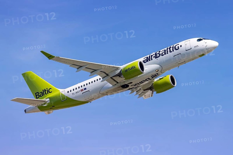 An Airbus A220-300 Air Baltic aircraft with the license plate YL-AAY at Munich Airport, Germany