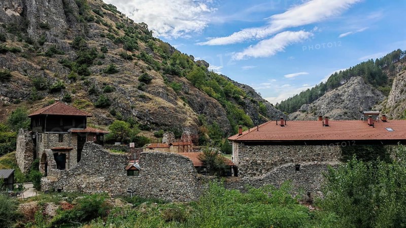 Historic monastery building, Archangel monastery, Manastir Sveti Arhandeli, in a natural mountainous environment surrounded by vegetation, orthodox church, Prizren, Kosovo