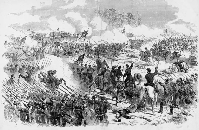 This historical illustration depicts the decisive assault by Union troops under General Ambrose Burnside on the Confederate fortifications during the Battle of New Bern (North Carolina) on 14 March 1862. The successful assault by Federal soldiers under General Burnside against the Confederate positions commanded by General Branch on Friday, 14 March 1862, American history, authentic, digitally restored reproduction of a 19th-century original, exact date of the depiction unknown, historical