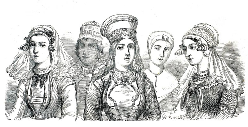 Trachten der Frauen aus Holland, c. 1860. From left - Beijerland, South Holland - Ille Schockland, Yssel - Ile des Marken, North Holland - Beijerland, South Holland, authentic, high-resolution reproduction from a 19th-century original, exact date of presentation unknown, historical