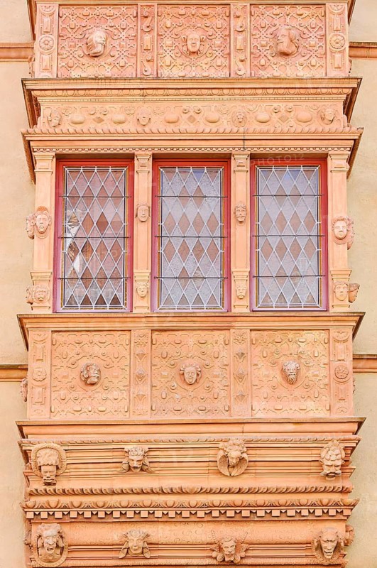 Head house, La Maison des Tetes, façade decorated with heads, Colmar, Haut-Rhin, Alsace, Grand Est, France