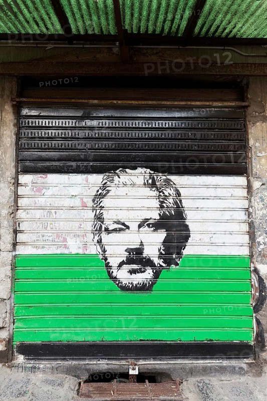 Portrait of whistleblower Julian Assange, stencil painting on a shutter, street art, historic old town, Naples, Campania, Italy