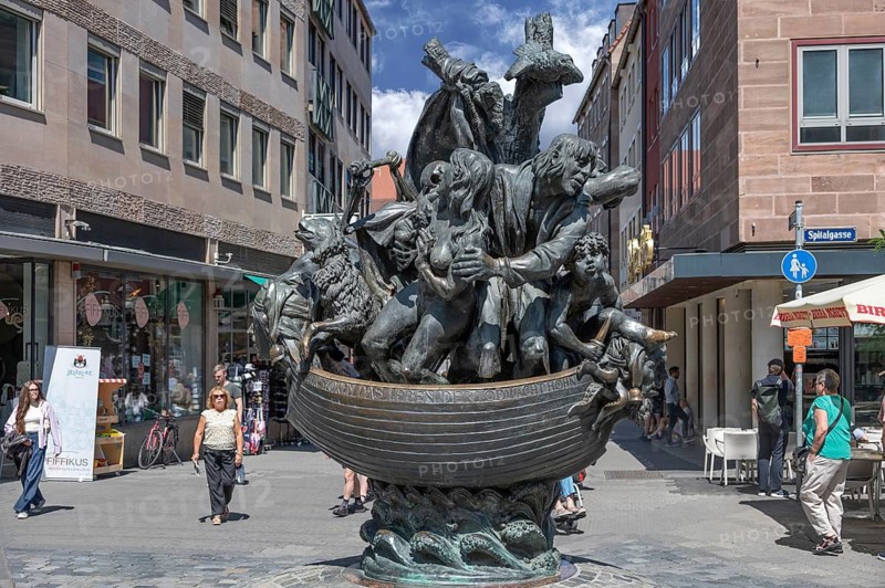 Narrenschiffbrunnen, a fountain sculpture, erected in 2007, by German sculptor Jürgen Weber, 1928 to 2007, Spitalgasse, Nuremberg, Middle Franconia, Bavaria, Germany