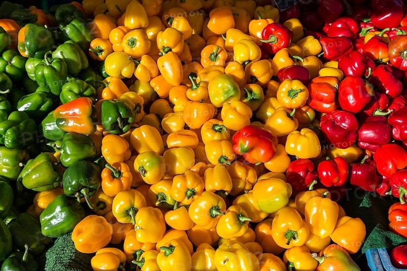 Peppers (Capsicum) – green, yellow and red – at a market stall in Enschede, the Netherlands