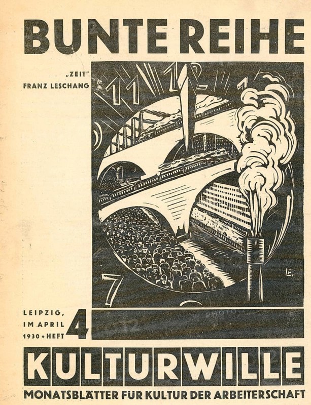 Kulturwille, monthly bulletin for workers' culture, 7th year, 1930, issue 4, magazine, graphic of industrialization with smoke, crowd and bridge in expressive style, title, woodcut, Franz Leschang