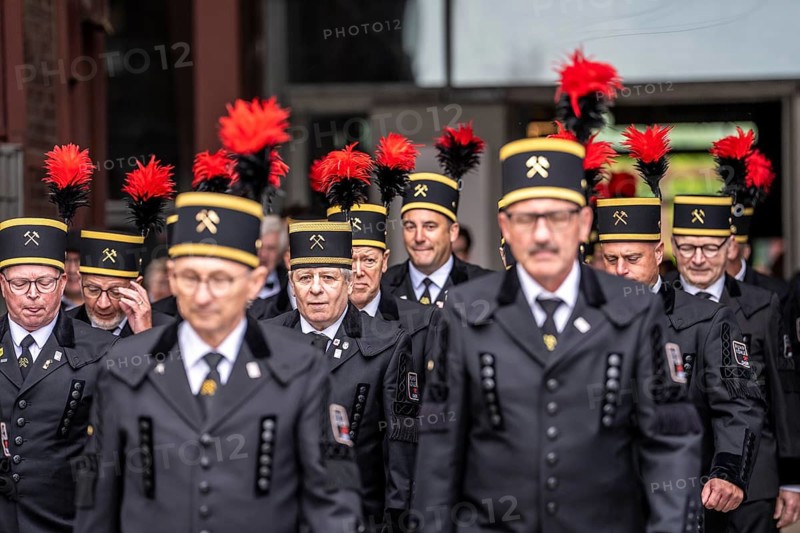 The Ruhrkohle Choir, Bergmannschor, in traditional miner dress with mountain smock and chess hat with featherbush, at a concert at the Zollverein Colliery in Essen, North Rhine-Westphalia, Germany