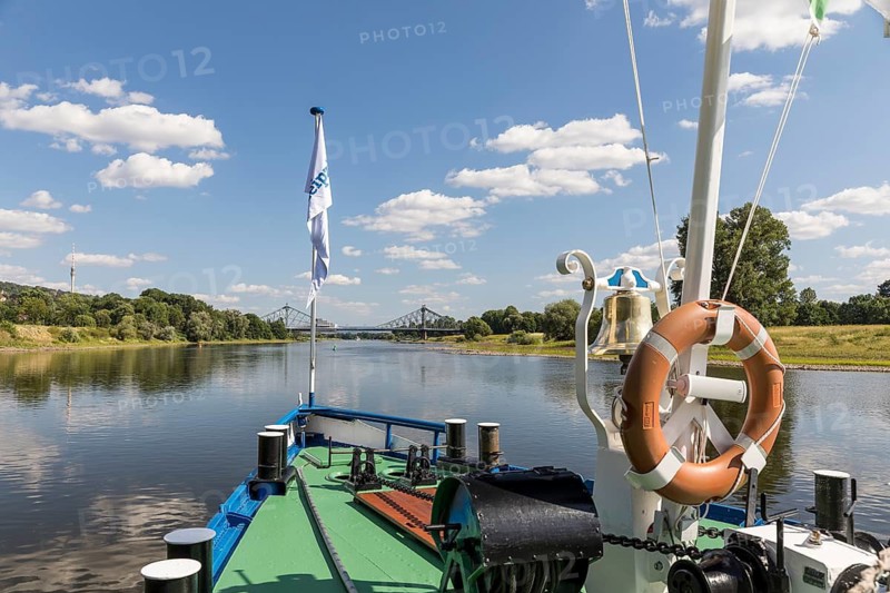 On the Elbe in Dresden, here at the Blue Wonder, Dresden, Saxony, Germany, with the historic paddle steamer LEIPZIG of Saxon Steamship
